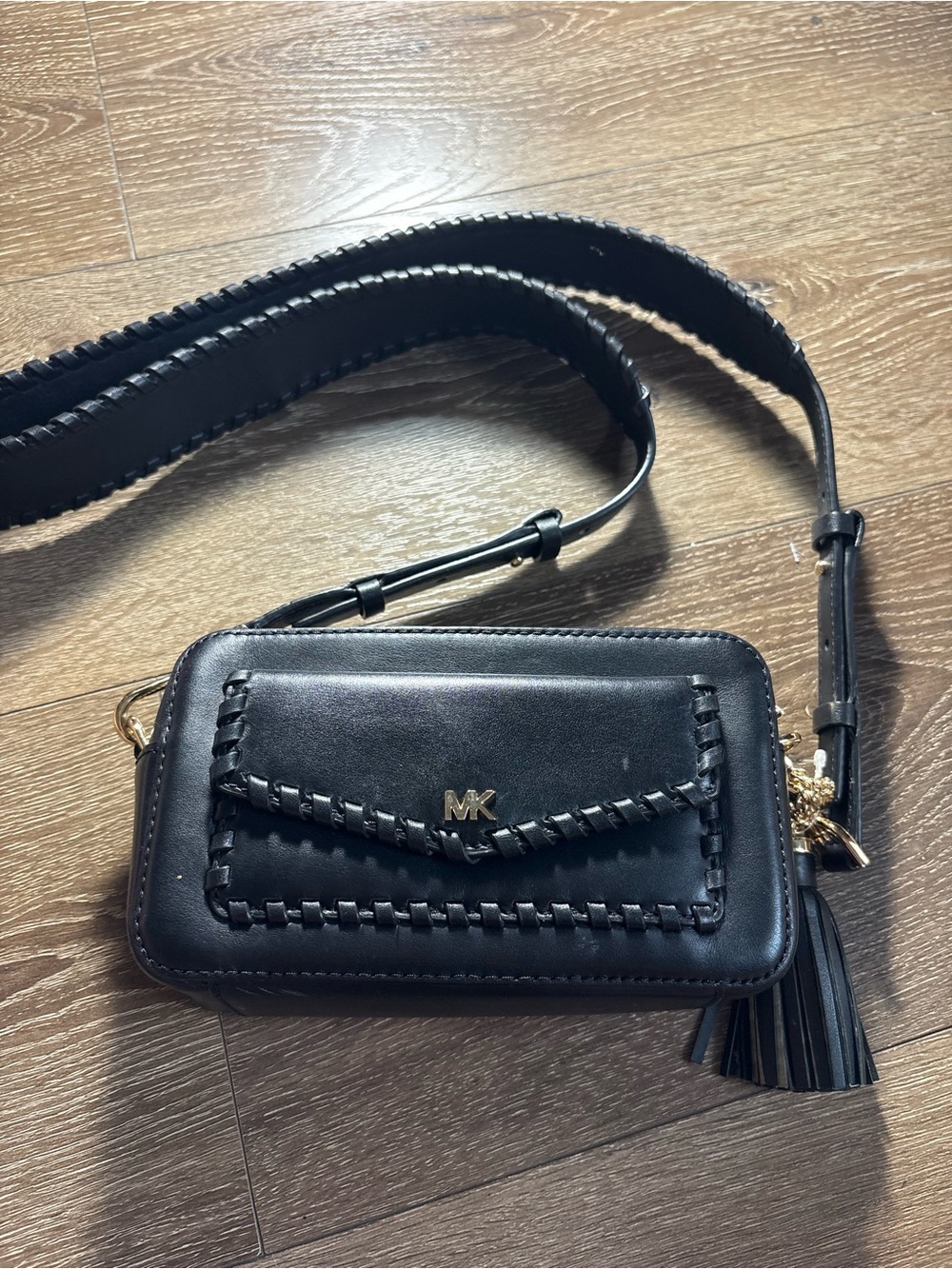 Michael Kors Black Leather Whipstitch Crossbody with Tassel